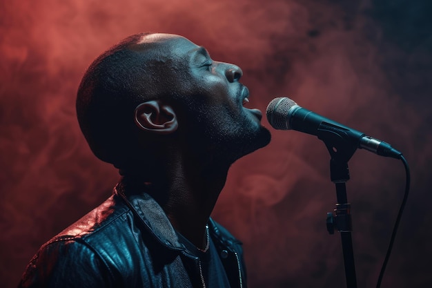 Cantante afroamericano en el fondo oscuro Día Mundial de la Música