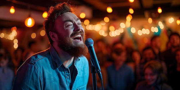 Foto un cantante apasionado actuando en vivo en un lugar acogedor emociones y música se combinan en un concierto íntimo ambiente vibrante vida nocturna capturada por la ia