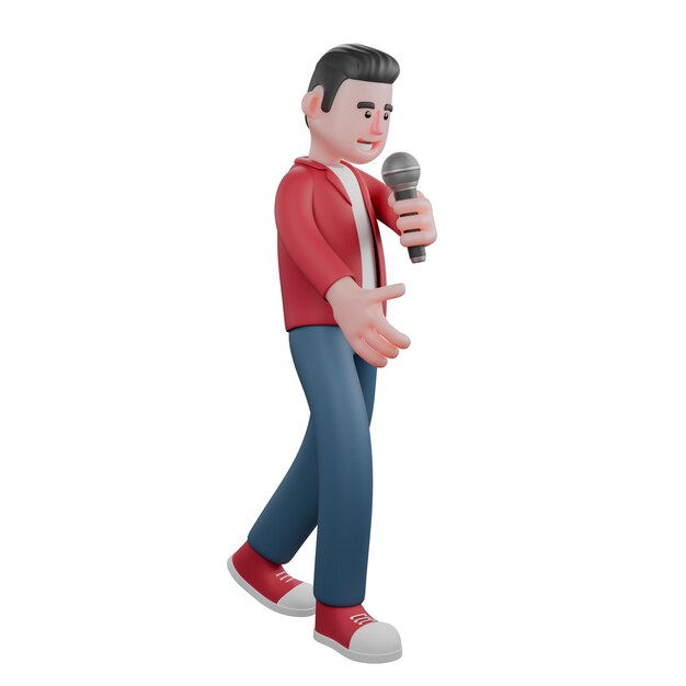 Un cantante camina con un micrófono en la mano izquierda con una expresión feliz Artista musical