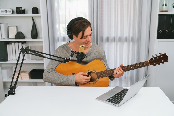 Foto cantante con cara sonriente en las redes sociales tocando la guitarra mientras canta pecuniary