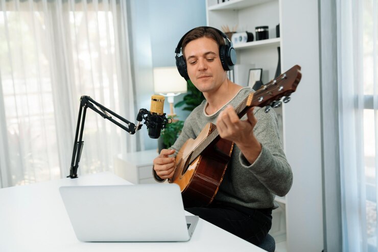 Foto cantante con cara sonriente en las redes sociales tocando la guitarra mientras canta pecuniary