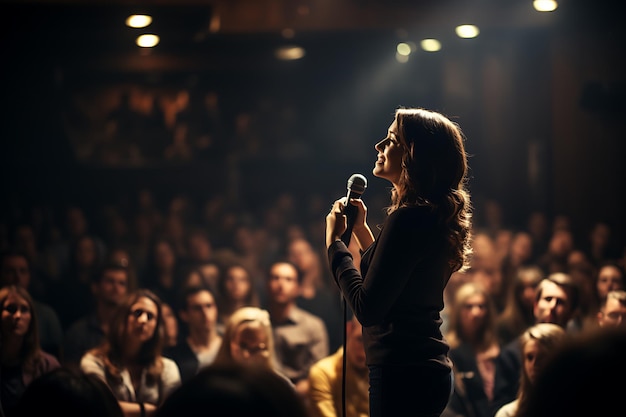 Cantante femenina actuando en el escenario de una sala de conferencias o auditorio