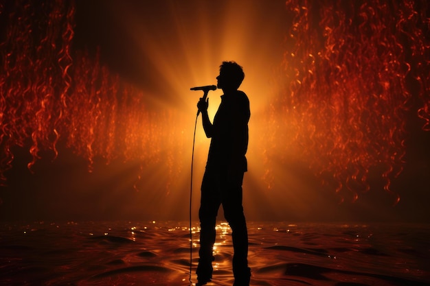 Foto cantante en el gran escenario cantando canciones