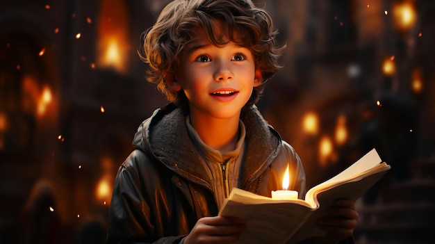 Un cantante infantil de caroleros con las manos sosteniendo una vela y un libro en la celebración del día de Navidad