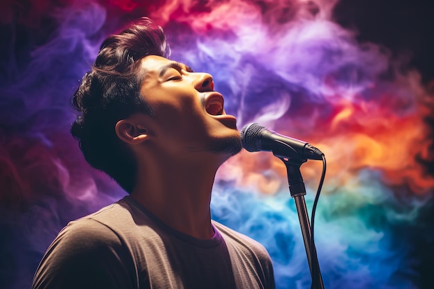 Cantante masculino asiático canta en el escenario en un espectáculo de humo de arco iris