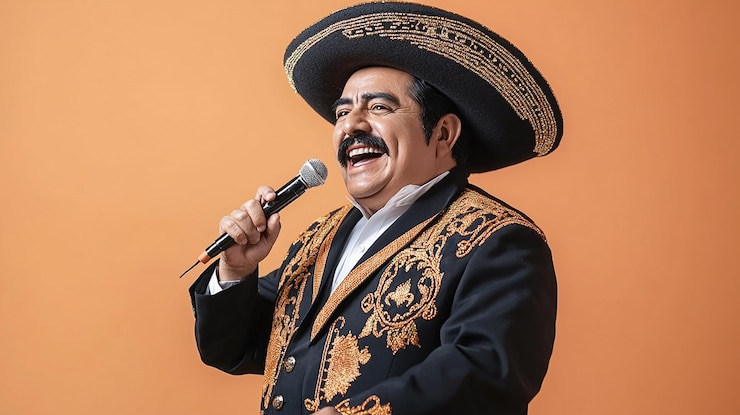 Foto cantante mexicano de mariachi con el micrófono en la mano