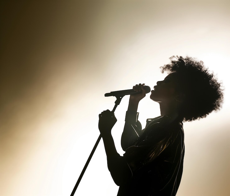 Foto una cantante negra afro canta en el micrófono