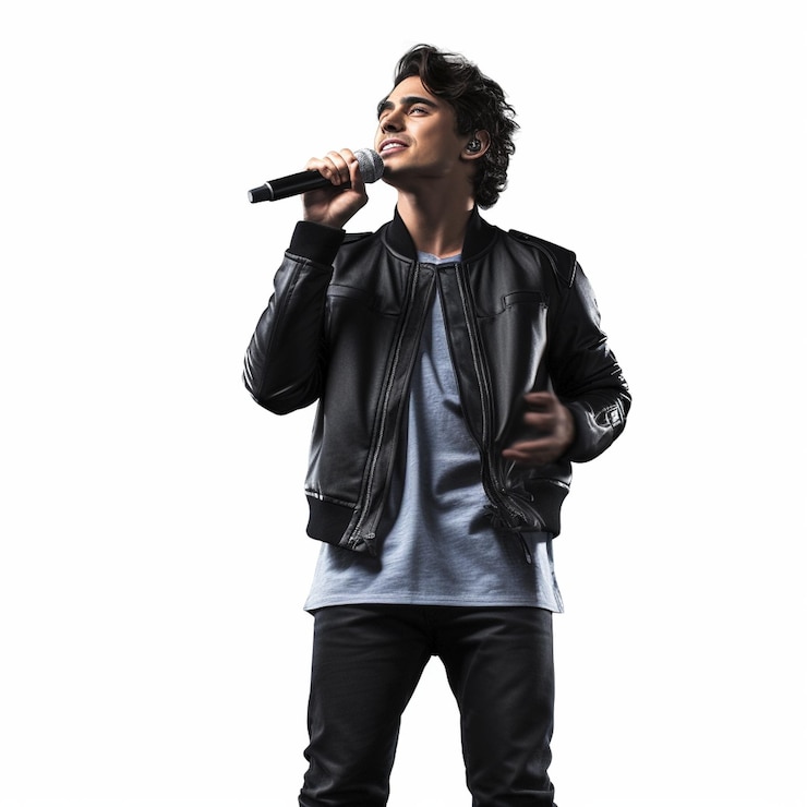 Foto cantante pop joven cantando con micrófono sobre fondo blanco