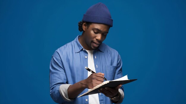 Foto cantante rastafariano africano hombre con una camisa azul y gorra escribiendo una canción emocionalmente en el rec