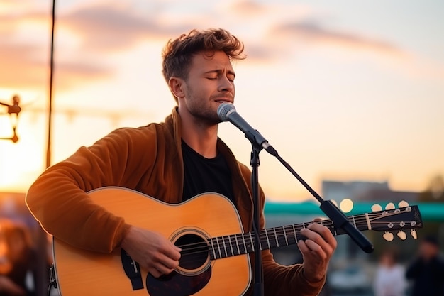 Foto el cantante toca una guitarra acústica y canta en la calle