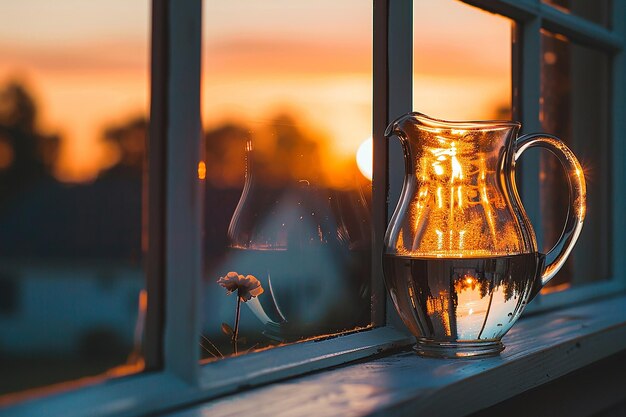 Un cántaro en una ventana al atardecer