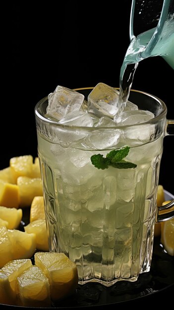 Foto un cántaro vertió limonada refrescante en un vaso