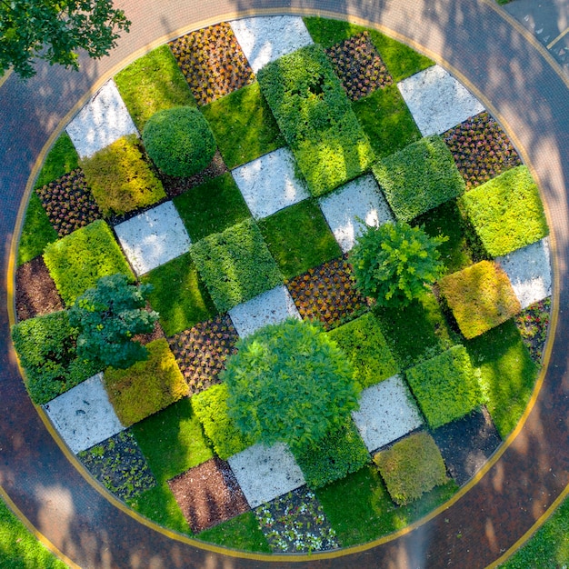 Canteiro de flores topiário com árvores e arbustos aparados em formas geométricas. Cuidadosamente cuidado pelo jardineiro. Vista aérea.