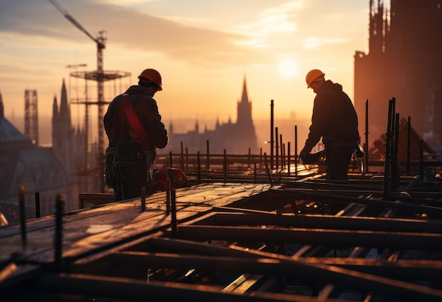 Canteiro de obras e equipe de construção trabalhadora