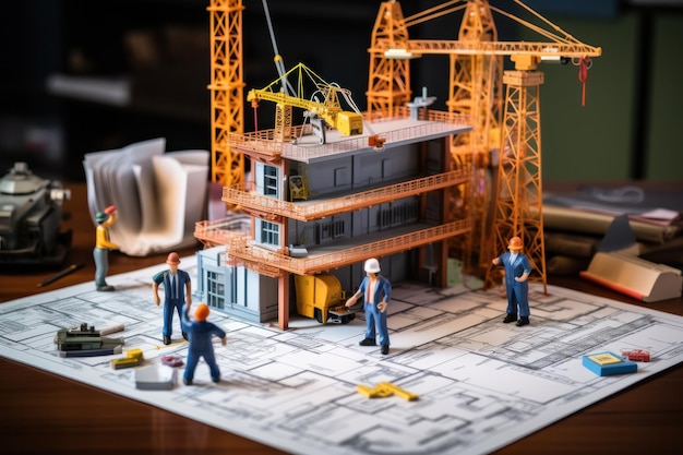 Canteiro de obras em miniatura com guindastes e planos de modelo arquitetônico de trabalhadores e documento de planta