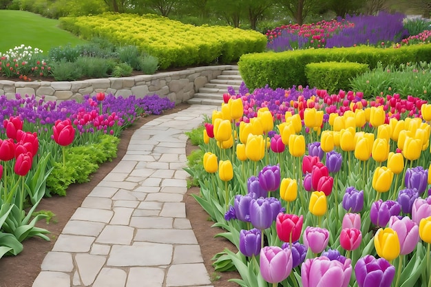 Canteiros de flores de tulipas frescas coloridas e passos de caminho de pedra em um jardim formal de primavera