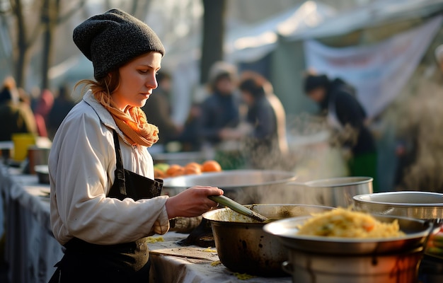 Cantina callejera para los sin techo cocinando comida para los sintejo Donaciones a la caridad Bokeh