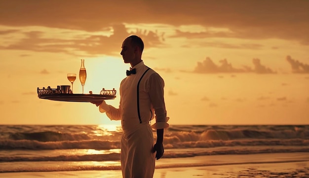 El cantinero en la playa lleva cócteles al atardecer IA generativa