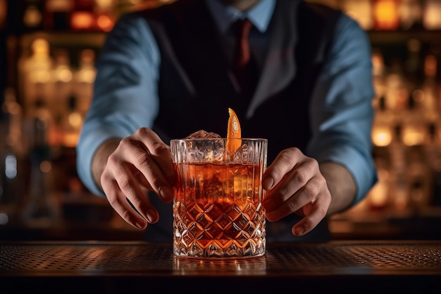 Un cantinero sostiene una copa de alcohol y un cóctel frente a la barra del bar.