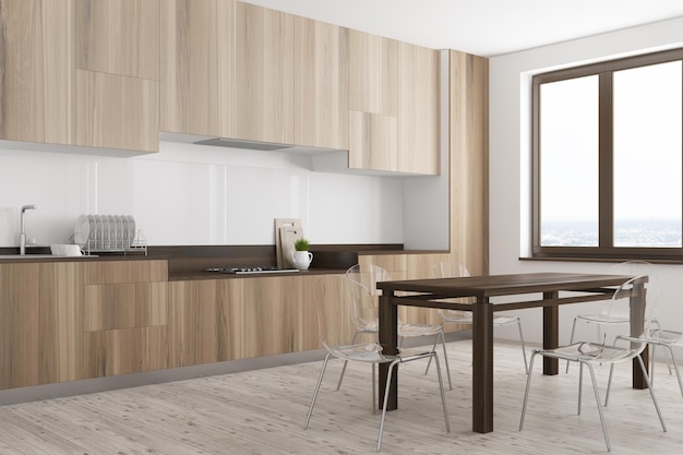 Canto da cozinha de madeira com paredes brancas, uma grande janela, bancadas de madeira e uma mesa de madeira escura. simulação de renderização 3D