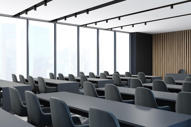 Foto canto de uma sala de conferências de loft com um chão de concreto, mesas cinzentas e cadeiras cinzentas perto delas. maquete de renderização 3d