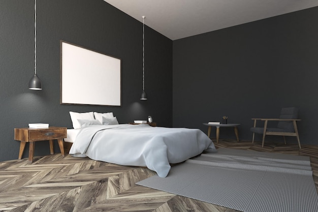 Canto do quarto em estilo escandinavo cinza escuro com piso de madeira, cama de casal e mesa de cabeceira. Um tapete no chão. Um poster. simulação de renderização 3D