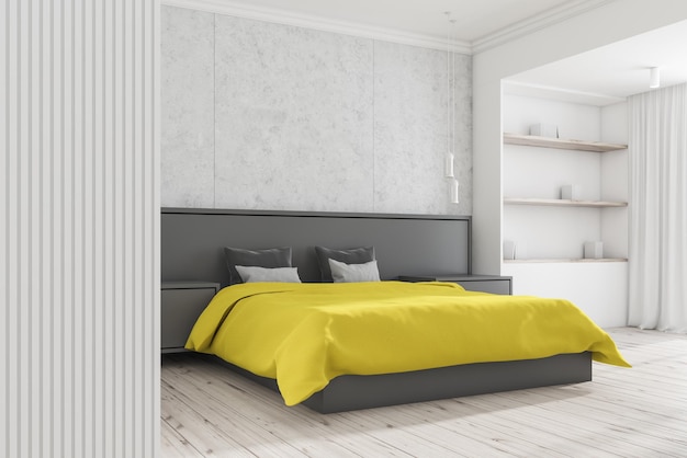 Canto do quarto moderno com concreto e paredes brancas, piso de madeira, cama principal cinza com mesas de cabeceira e estante branca. renderização 3D