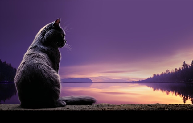 Foto canto esquerdo sentado gato preto olhando para longe em fundo roxo