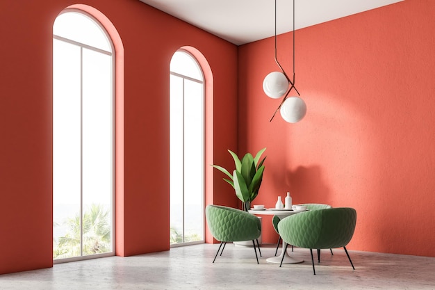Canto luxuoso verde do restaurante das poltronas com paredes vermelhas, grandes janelas arqueadas e colunas. Lâmpadas de teto redondas. simulação de renderização 3D