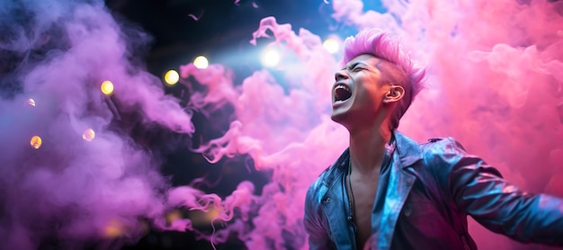 Cantor asiático coreano canta no palco em formato de bandeira de show de fumaça rosa