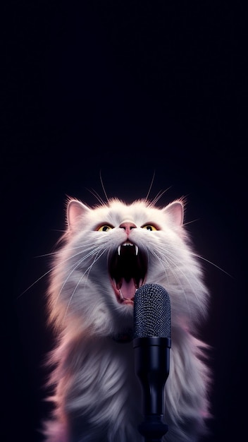 Cantor de estimação Artista de gato emocional muito alto cantando em um microfone em um fundo preto com espaço de cópia criado com Generative AI