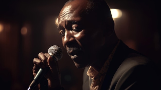 Foto cantor de jazz masculino afro-americano meia-idade apresentando música ao vivo para um público cantando padrões de jazz em clube de jazz generative ai aig22