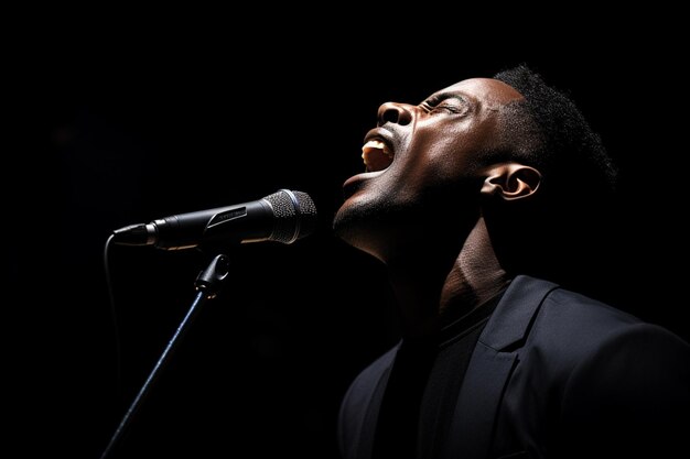 cantor negro cantando com microfone na frente de fundo escuro