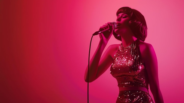 Foto cantora confiante com uma vibração retro vestindo um vestido brilhante e segurando um microfone na frente de um fundo rosa