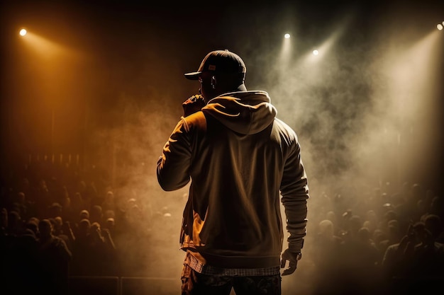 Cantora de hip hop no palco durante uma IA concertada