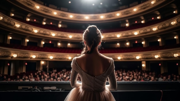 Cantora de ópera olha para o público durante uma performance Generative AI