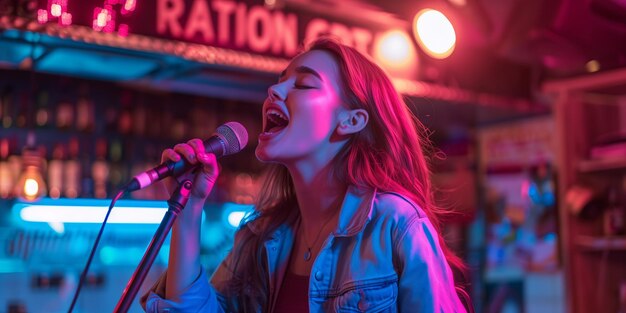 Foto cantora entusiasta a tocar no bar neonlit