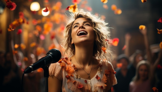 Foto cantora jovem adulta no palco sorrindo cantando trazendo alegria ao público gerada por inteligência artificial