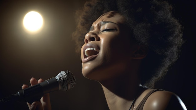 Foto cantora jovem afro-americana se apresentando no palco cantando em um microfone no local do show generative ai aig22