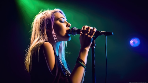 Cantora pop feminina caucasiana jovem adulta se apresentando no palco para uma audiência ao vivo cantando canções de sucesso e covers no palco do concerto Generative AI AIG22