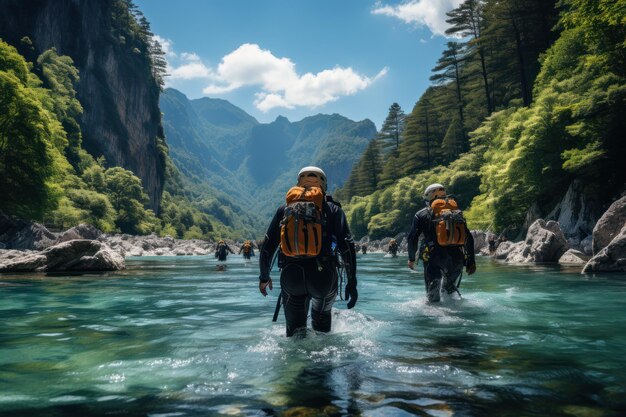 Canyoning Extremsport Canyoning Expedition beliebte Wege hart beeindruckender Ort Reisegruppe erkundet einen wilden ungezähmten Flusskanyon mit Energiefreiheit und Adrenalin