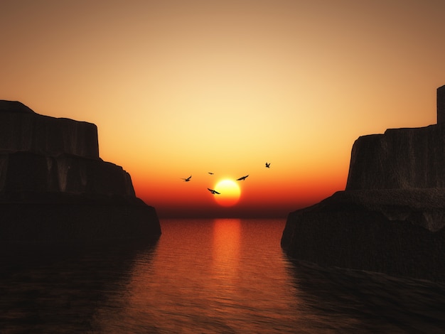 Canyons 3d ao pôr do sol com silhuetas de pássaros voadores