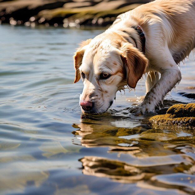 Cão a beber água no mar