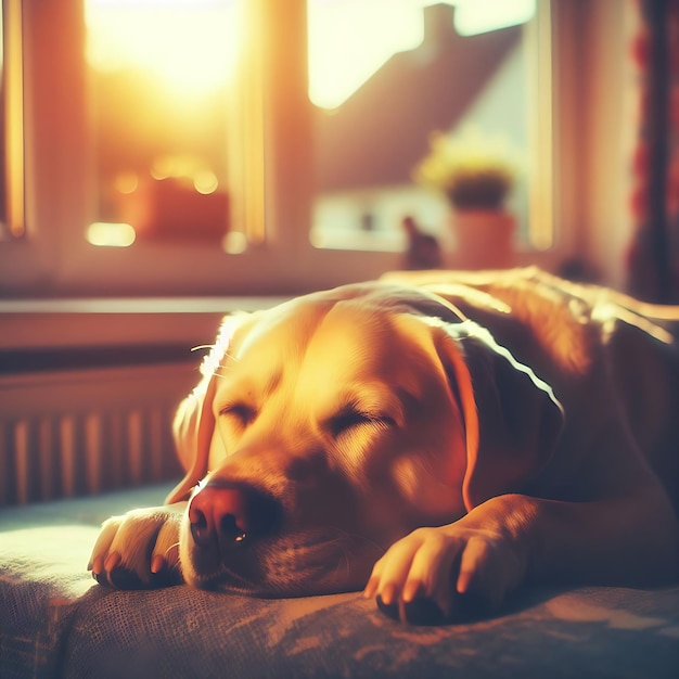 Cão a dormir num ambiente iluminado pelo sol