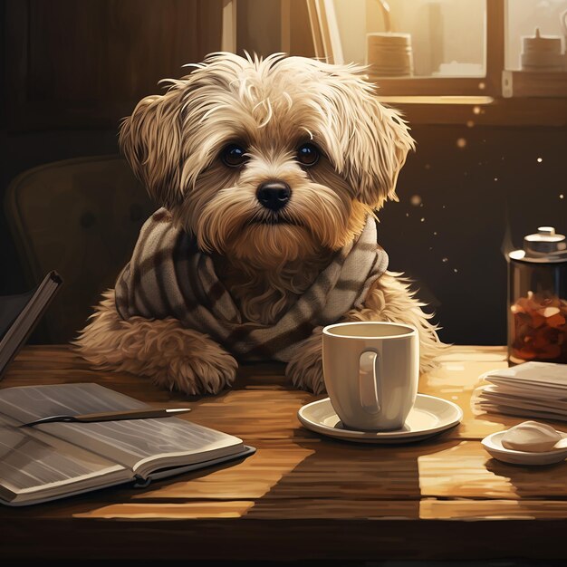 Foto cão à mesa com café