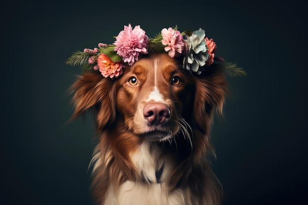 Cão à moda com uma coroa de flores boêmias de moda