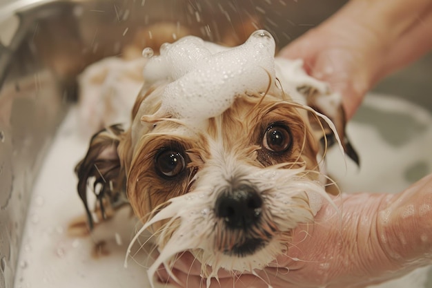 Foto cão a ser lavado por um arrumador