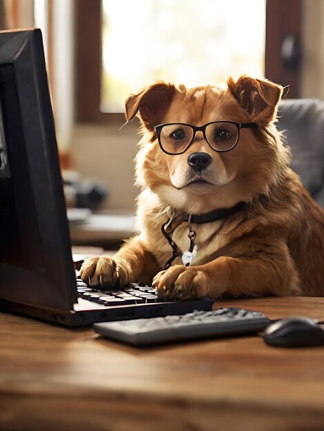 Foto cão a usar um computador e a navegar na internet