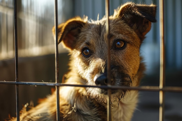 Foto cão abandonado em uma gaiola de abrigo à procura de adoção e ajuda