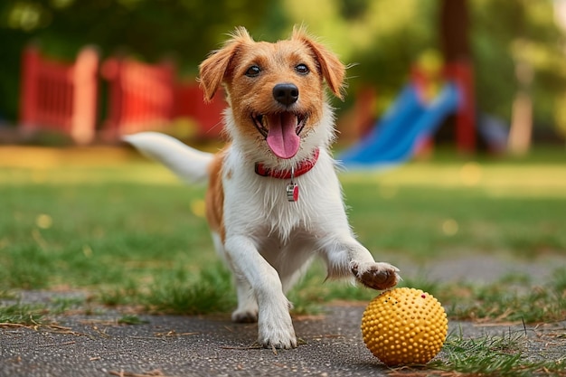 Cão adorável a caminhar e a brincar com uma bola de brinquedo ao ar livre